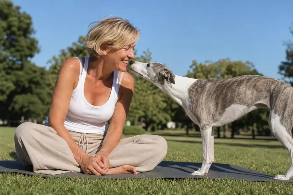Une femme assise sur un tapis de yoga en extérieur partageant un moment de complicité avec son Whippet.