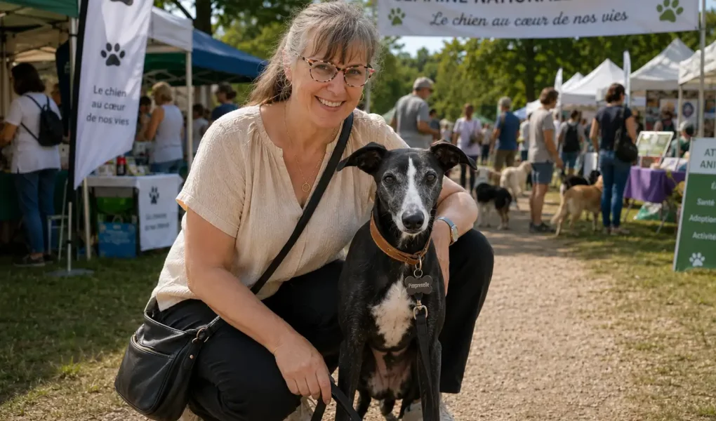 Laura accroupie avec sa Whippet Pimprenelle devant les stands de la Semaine Nationale du Chien.