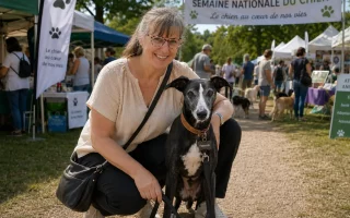 Laura accroupie avec sa Whippet Pimprenelle devant les stands de la Semaine Nationale du Chien.