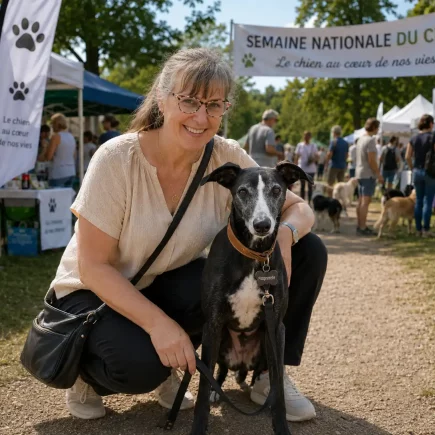 Laura accroupie avec sa Whippet Pimprenelle devant les stands de la Semaine Nationale du Chien.