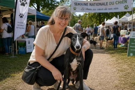 Laura accroupie avec sa Whippet Pimprenelle devant les stands de la Semaine Nationale du Chien.