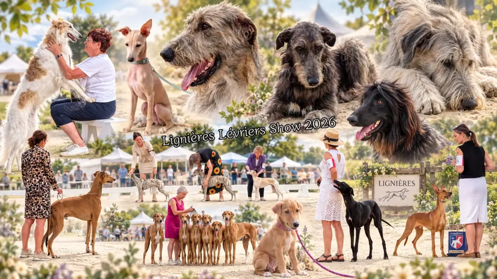 Montage de lévriers et de scènes d'expositions du Lignières Lévriers Show 2026, grand rassemblement annuel.