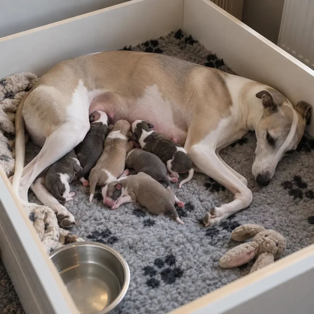 Une femelle Whippet allaitant ses chiots nouveau-nés dans une caisse de mise bas aménagée.