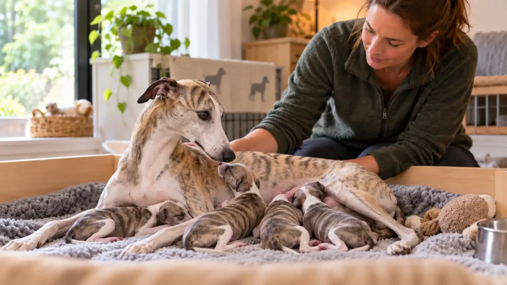 Ăleveur de Whippets : Une Ă©leveuse de Whippets veillant sur une mĂšre bringĂ©e et ses chiots dans une caisse de mise bas.