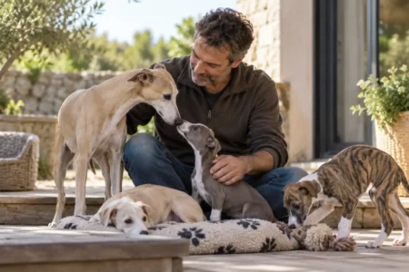 Éleveur de Whippets : Un éleveur entouré d'une femelle sable et de trois jeunes chiots dans un espace extérieur.
