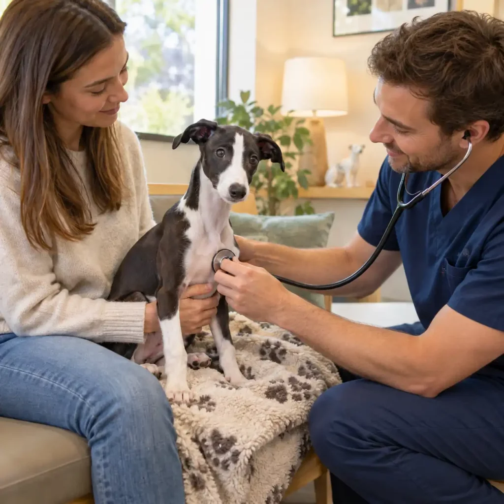Chiot Whippet noir et blanc ausculté par un vétérinaire pour un souffle au cœur.