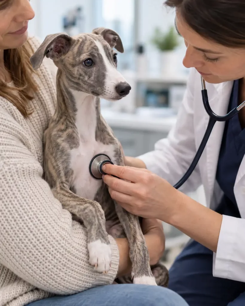Un chiot lévrier examiné au stéthoscope par une vétérinaire pour un souffle au cœur.