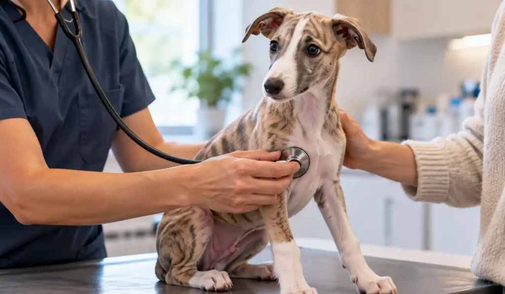 Souffle au cœur du chiot Whippet examiné au stéthoscope par un vétérinaire.