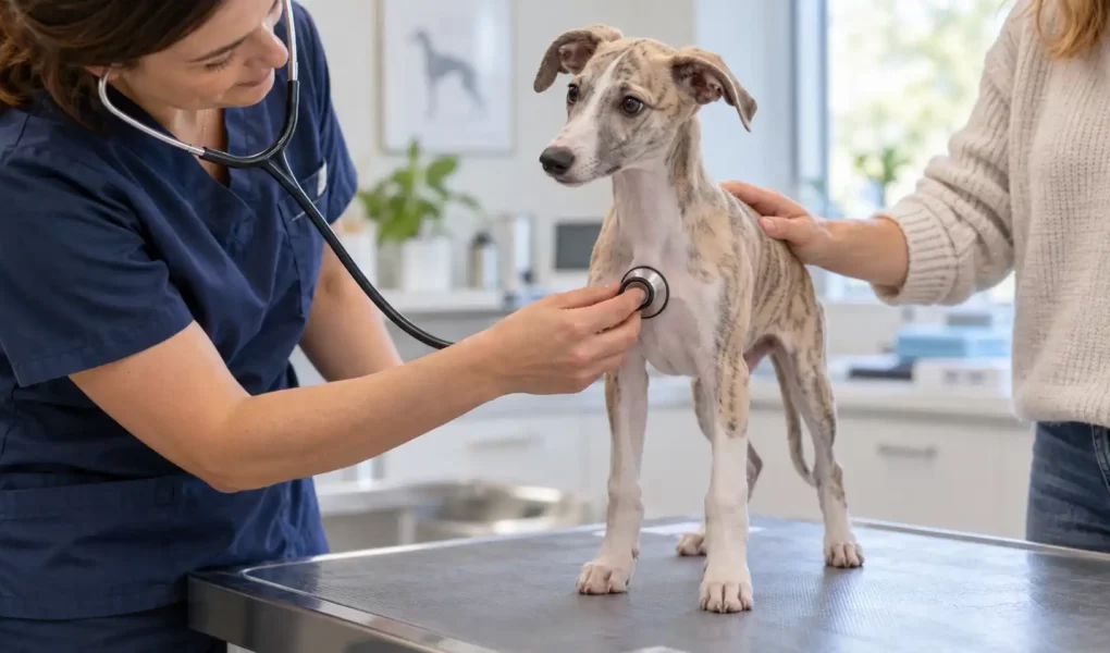 Chiot Whippet ausculté par un vétérinaire pour un souffle au cœur.