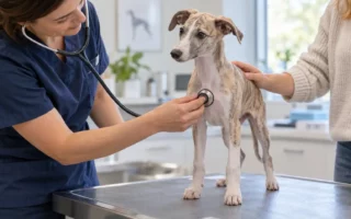 Chiot Whippet ausculté par un vétérinaire pour un souffle au cœur.