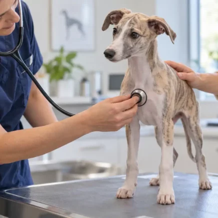 Chiot Whippet ausculté par un vétérinaire pour un souffle au cœur.