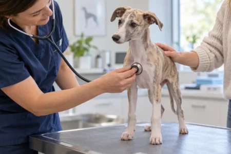 Chiot Whippet ausculté par un vétérinaire pour un souffle au cœur.